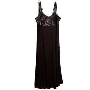 Molly Mallory Evening Vintage Black Strapy Maxi Gown sequin bodice chiffon Sz 14
